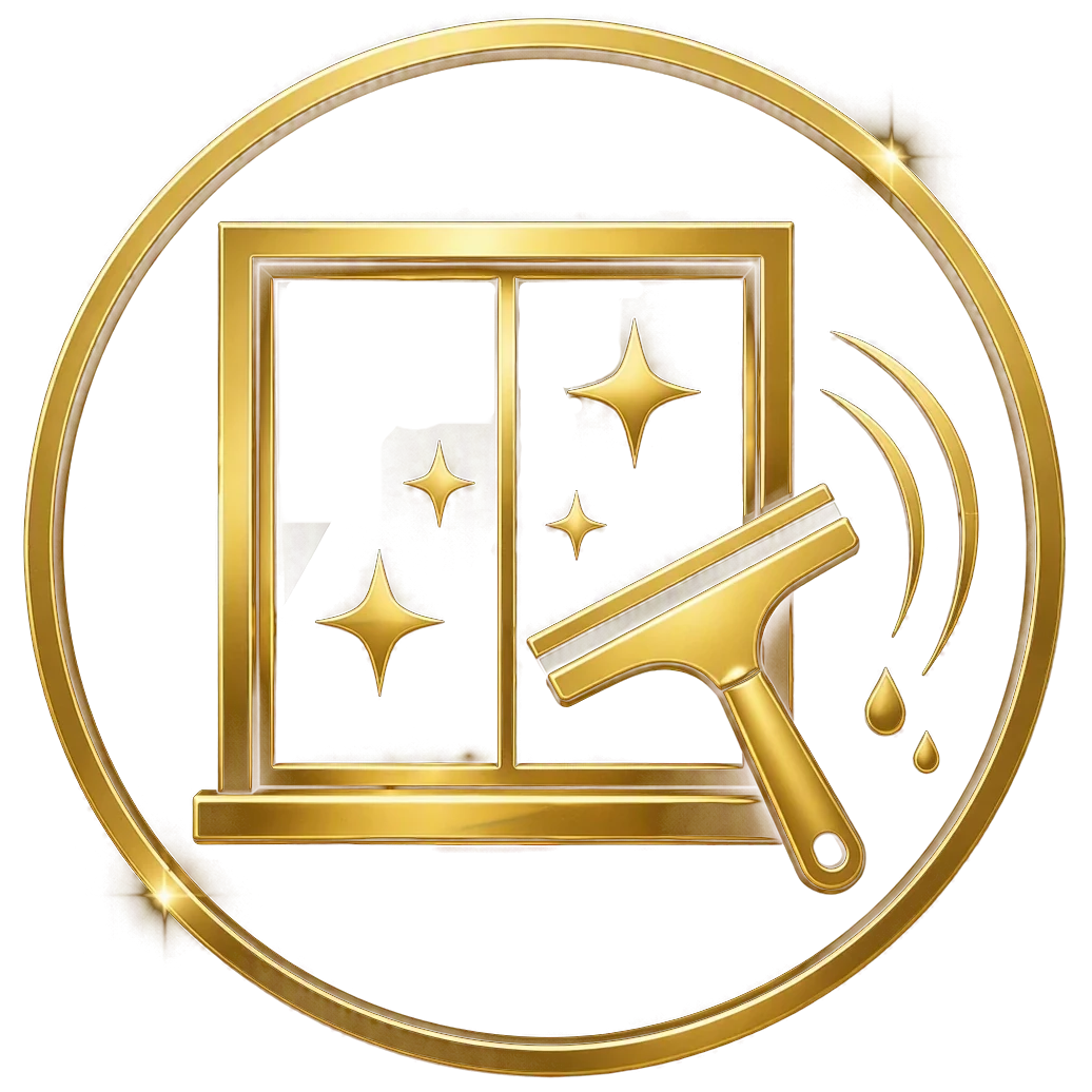 Goldenes Icon für professionelle Glas- und Fensterreinigung mit Fenster, Fensterabzieher und Glanzeffekt im Premium-Design von Wall-Flächenreinigung.