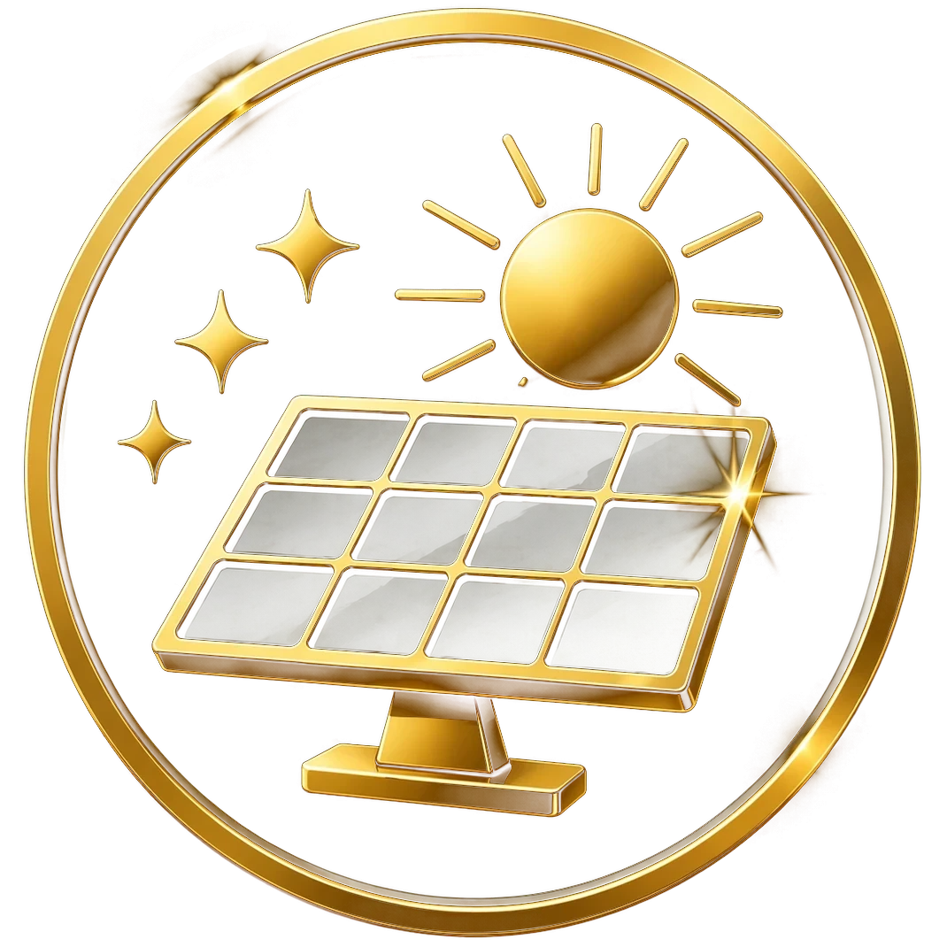 Goldenes Icon für die professionelle Photovoltaik-Reinigung mit Solarmodul und Sonne im Premium-Design von Wall-Flächenreinigung.