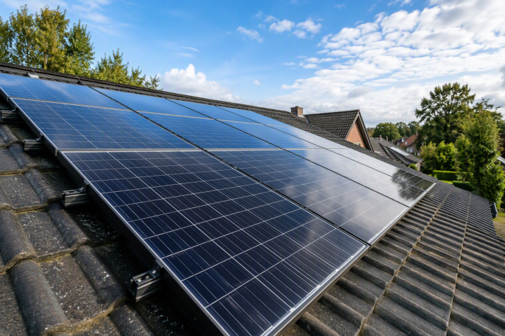 Saubere Photovoltaikanlage auf dem Dach eines Einfamilienhauses in Hannover. Professionell gereinigte Solarmodule für ein gepflegtes Erscheinungsbild und den langfristigen Werterhalt der Anlage.