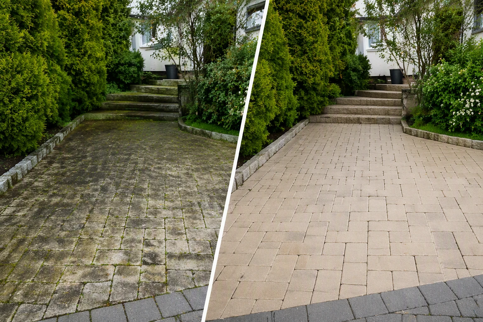 Vorher-Nachher-Vergleich einer professionellen Steinreinigung in Hannover. Gereinigte Pflasterfläche einer Einfahrt nach Entfernung von Moos, Algen und Verschmutzungen.