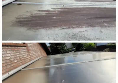 Vorher-Nachher-Vergleich einer professionellen Glasreinigung an einer Terrassenüberdachung. Oben starke Verschmutzungen und Ablagerungen auf den Kunststoff- und Glasflächen, unten das gereinigte Ergebnis nach der Reinigung.