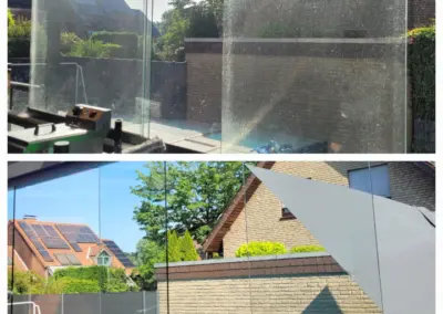 Vorher-Nachher-Vergleich einer professionellen Glasreinigung eines Wintergartens. Oben stark verschmutzte Glasflächen mit Staub und Ablagerungen, unten streifenfrei gereinigte Glasscheiben mit klarer Sicht.
