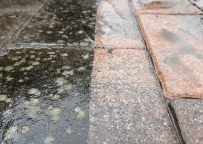 Vorher-Nachher-Vergleich einer professionellen Steinreinigung auf einer Pflasterterrasse. Links starke Verschmutzung durch Moos und Algen, rechts gereinigte und gepflegte Steinfläche.