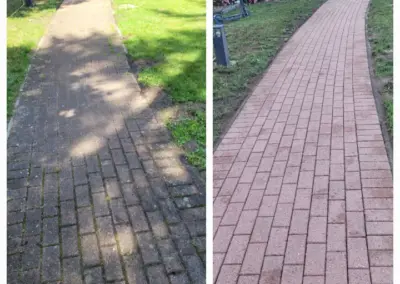 Vorher-Nachher-Vergleich einer professionellen Steinreinigung auf einem gepflasterten Gartenweg. Links verschmutzte Pflastersteine mit Grünbelägen und Ablagerungen, rechts gereinigte und gepflegte Pflasterfläche.