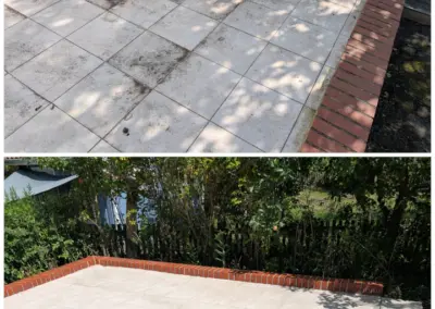 Vorher-Nachher-Vergleich einer professionellen Steinreinigung auf einer großformatigen Terrasse. Oben verschmutzte Terrassenplatten mit dunklen Ablagerungen und Verfärbungen, unten die gereinigte und deutlich aufgehellte Terrasse.