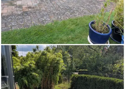 Vorher-Nachher-Vergleich einer professionellen Steinreinigung auf einer Pflasterterrasse. Oben verschmutzte Pflastersteine mit Flechten, Grünbelägen und Witterungsspuren, unten die gereinigte und deutlich aufgewertete Terrasse.
